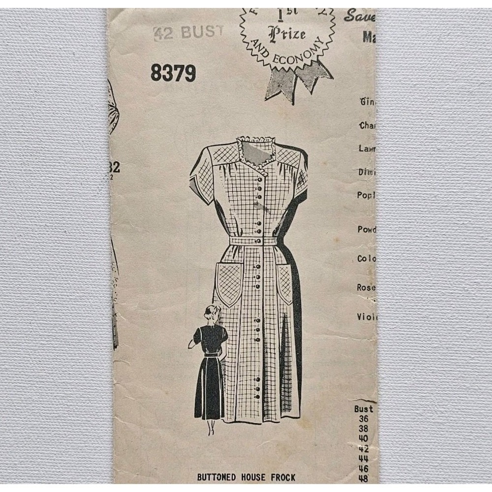 1940s Vintage 42" Bust Sue Burnert 8379 Button Up House Dress Sewing Pattern